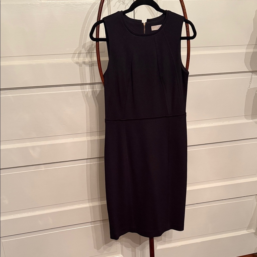 LOFT Black Textured Ponte Sheath midi Dress, Sleeveless Gold Zip